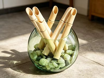 Sunlit Bonsai Plant Arrangement In Transparent Glass Vase With Green Stones And Wooden Tubes 3d model
