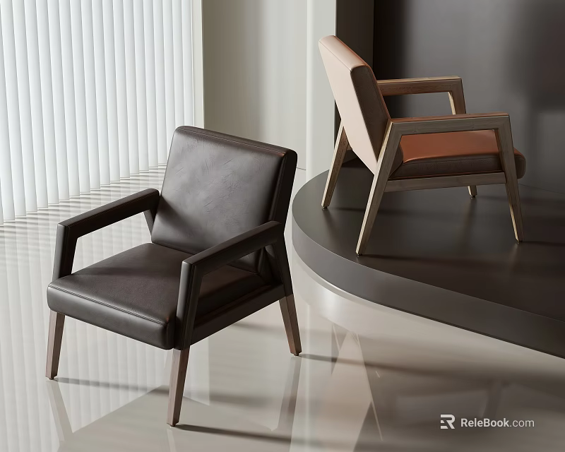 Black And Brown Leather Accent Chairs With Wooden Armrests In Modern Interior With Sleek Floor 3d model 