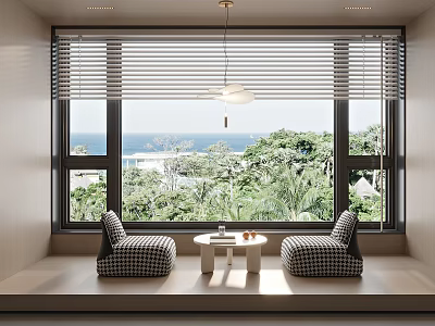 Casual Checkered Sofa Set With Small Round Table By Window Ocean View Green Trees Blinds 3d model