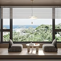 Casual Checkered Sofa Set With Small Round Table By Window Ocean View Green Trees Blinds