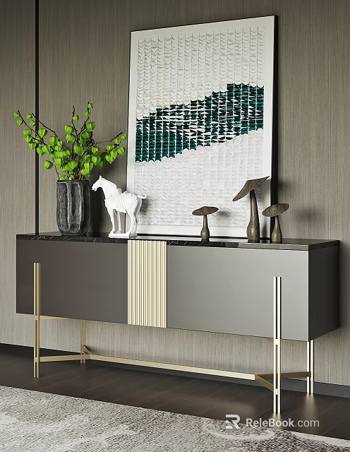 Modern Entryway Console Sideboard Cabinet With Marble Top Golden Legs Green Plants And Abstract Painting 3d model 