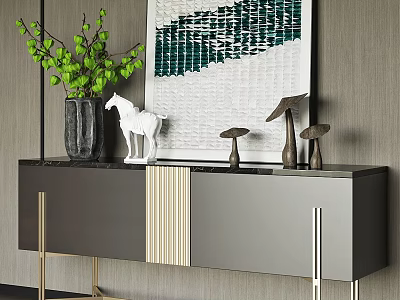 Modern Entryway Console Sideboard Cabinet With Marble Top Golden Legs Green Plants And Abstract Painting 3d model