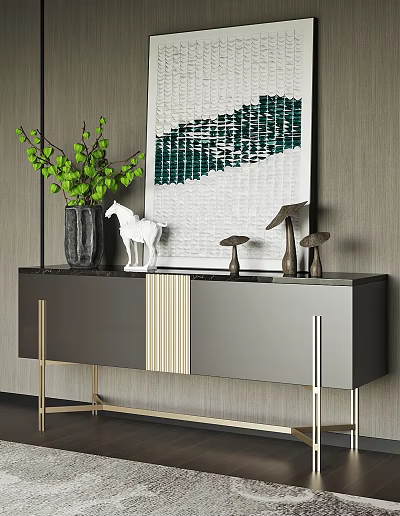 Modern Entryway Console Sideboard Cabinet With Marble Top Golden Legs Green Plants And Abstract Painting 3d model