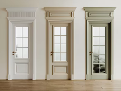 Hinged Doors in White Beige Light Green with Glass Windows and Decorative Frame Details 3d model