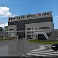 Modern White Office Building With Glass Windows Lawn Trees Cars And Pedestrians In Front
