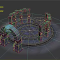 Cartoon Style Mystical Circular Platform With Arched Stone Pillars And Glowing Purple Blue Lights