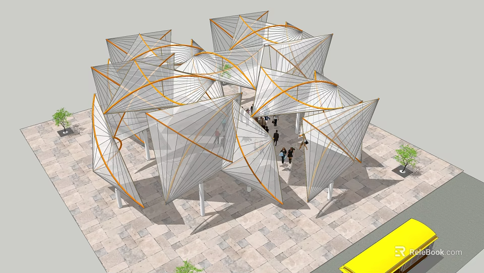 Geometric Tensile Membrane Structure In Public Space With Pedestrians And Plants 3d model 