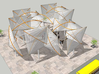 Geometric Tensile Membrane Structure In Public Space With Pedestrians And Plants 3d model