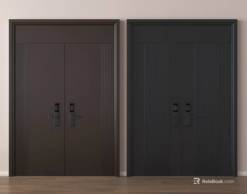 Modern Double Doors With Vertical Stripes in Dark Brown and Black Color Options 3d model 