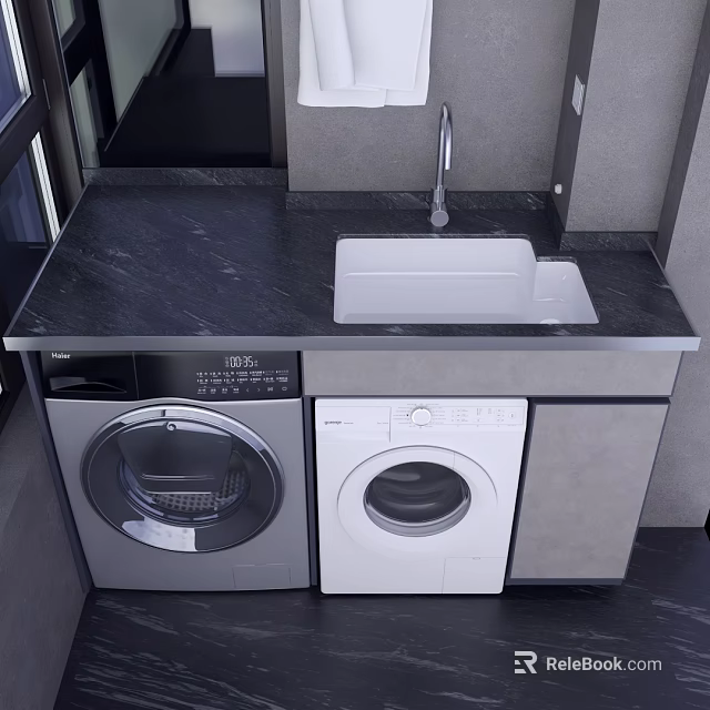 Modern Laundry Area With Black Countertop White Sink Washing Machine And Dryer 3d model 