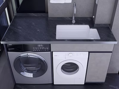 Modern Laundry Area With Black Countertop White Sink Washing Machine And Dryer 3d model