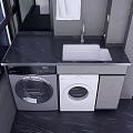 Modern Laundry Area With Black Countertop White Sink Washing Machine And Dryer