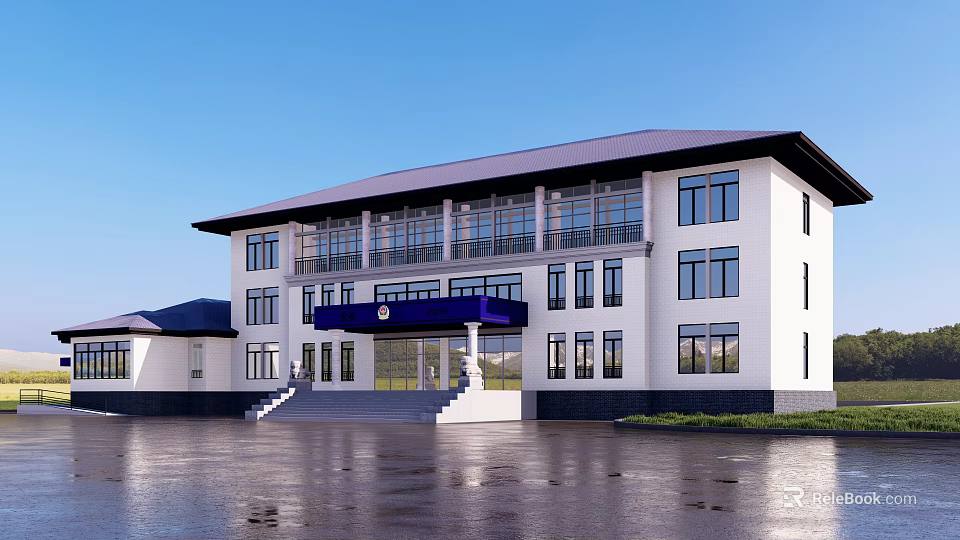 Modern Two Story Building With White Exterior Blue Awning And Large Windows 3d model 