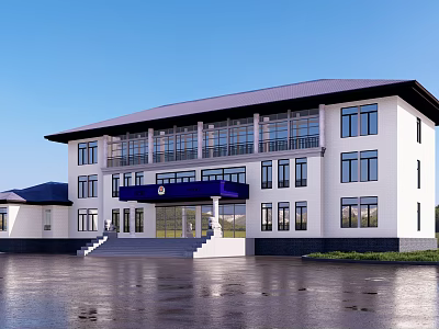 Modern Two Story Building With White Exterior Blue Awning And Large Windows 3d model