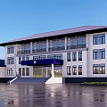 Modern Two Story Building With White Exterior Blue Awning And Large Windows