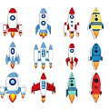 Set of Colorful Cartoon Rocket Illustrations With Different Designs And Bright Tones