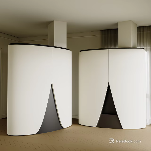 Two Modern White Curved Fireplaces With Black Triangle Accent In Interior Design 3d model