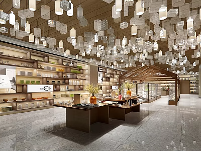 Stylish Modern Store Interior Design With Unique Hanging Lights Wooden Shelves And Display Counters 3d model