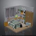 Cozy Small Room Interior With Checkered Bed Desk Computer Curtains Wooden Cabinet And Green Plants