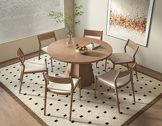 Cream Nordic Round Solid Wood Dining Table and Chair 3d model