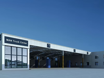 Industrial Workshop For MAN Truck Center With Large Glass Windows And Metal Roof 3d model