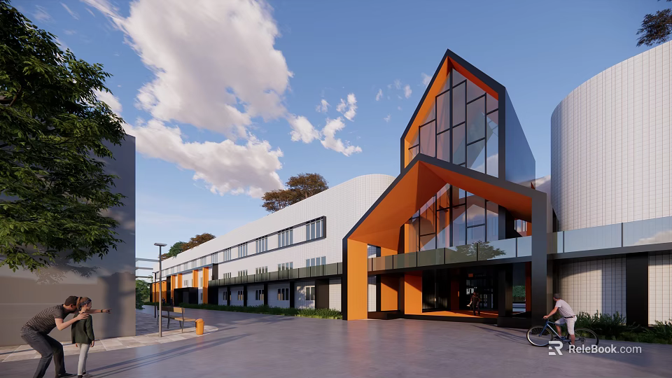 Modern Industrial Factory Exterior With Glass Curtain Walls Orange Structures and White Roof 3d model 