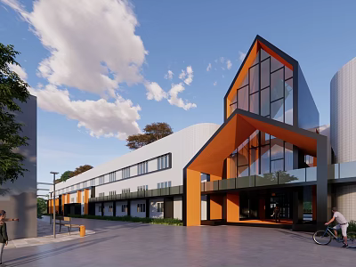 Modern Industrial Factory Exterior With Glass Curtain Walls Orange Structures and White Roof 3d model