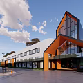 Modern Industrial Factory Exterior With Glass Curtain Walls Orange Structures and White Roof