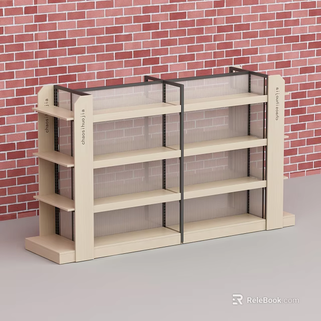 Beige Multi Tiered Display Shelf With Open Design And Red Brick Wall Background 3d model 