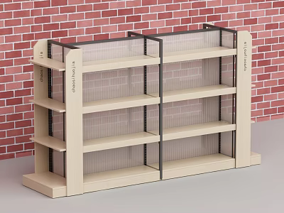 Beige Multi Tiered Display Shelf With Open Design And Red Brick Wall Background 3d model