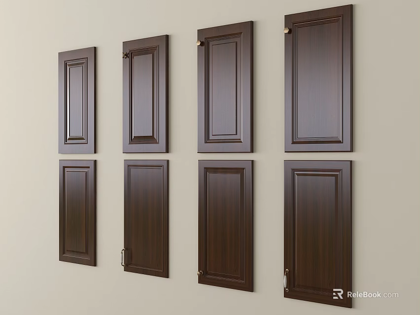 Dark Brown Wooden Cabinet Doors Arranged In Rows On Beige Wall 3d model 