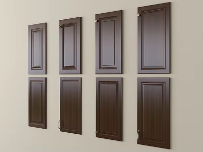 Dark Brown Wooden Cabinet Doors Arranged In Rows On Beige Wall 3d model