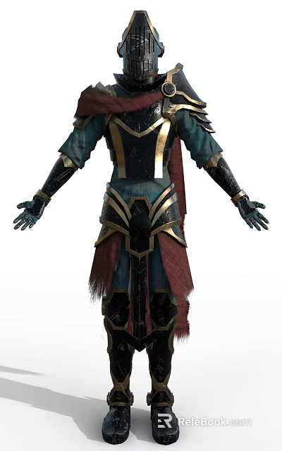 Game Movie Character In Teal And Gold Armor With Black Accents And Red Cloak 3d model 