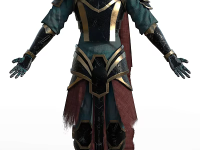 Game Movie Character In Teal And Gold Armor With Black Accents And Red Cloak 3d model