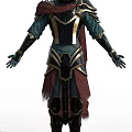 Game Movie Character In Teal And Gold Armor With Black Accents And Red Cloak