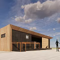 Modern Container Building With Green Roof Wooden Exterior Grassland Trees And Paved Ground