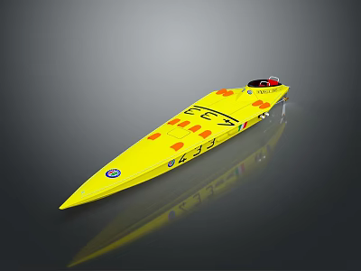 Yellow Streamlined Racing Speedboat With Logos And Numbers On Hull Surface 3d model