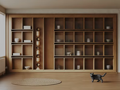 Minimalist Wooden Decorative Cabinet With Open Shelves Bowls Cups Woven Rug And Cat Figurine 3d model