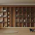 Minimalist Wooden Decorative Cabinet With Open Shelves Bowls Cups Woven Rug And Cat Figurine
