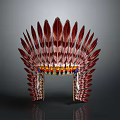 Traditional Red Feather Headdress With Decorative Beaded Band And Tribal Design Elements