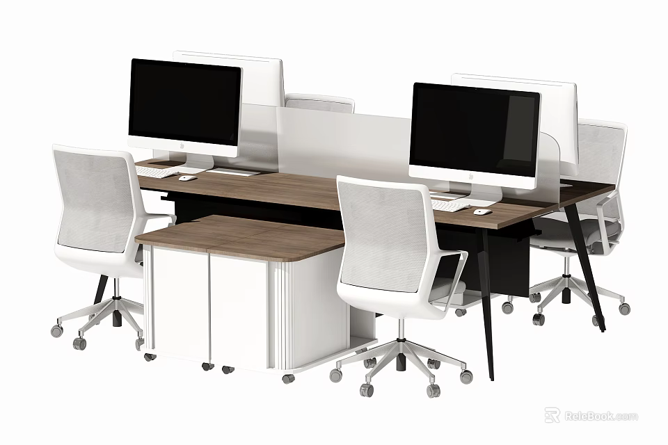 Modern Office Desk Setup With Dual Computer Monitors And Ergonomic Chairs 3d model 