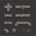 Rusty Metal Pipe Fittings With Various Shapes And Colorful Industrial Wheels On Dark Surface