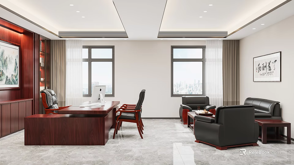 Modern Office Interior With Mahogany Desk Office Chair Black Leather Sofas Windows And City View 3d model 