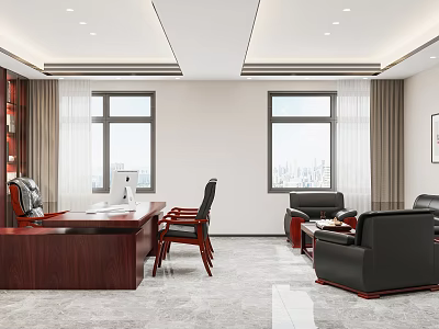 Modern Office Interior With Mahogany Desk Office Chair Black Leather Sofas Windows And City View 3d model