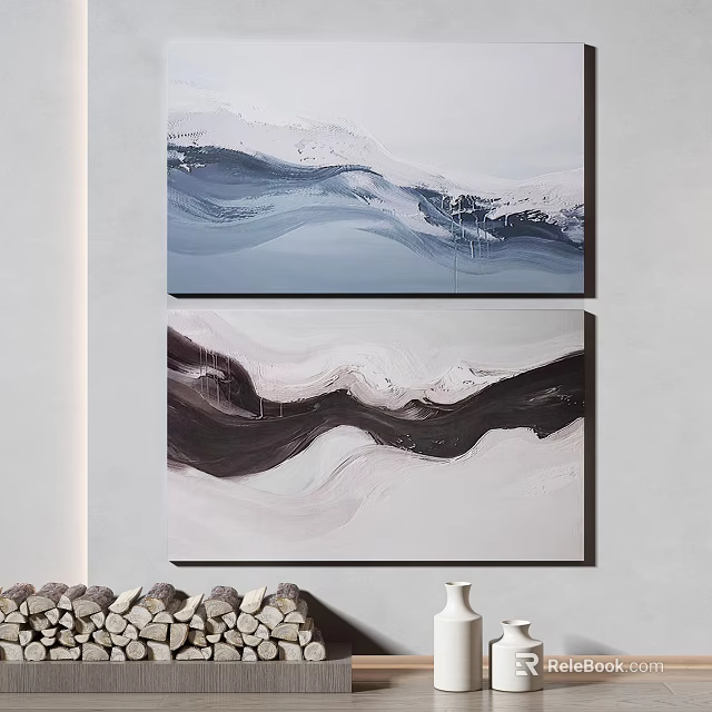 Two Abstract Paintings With Blue Gray And Brown Wavy Patterns On Wall 3d model