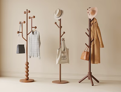 Wooden Standing Coat Racks With Hanging Shirts Coats Hats And Bags For Modern Home Use 3d model