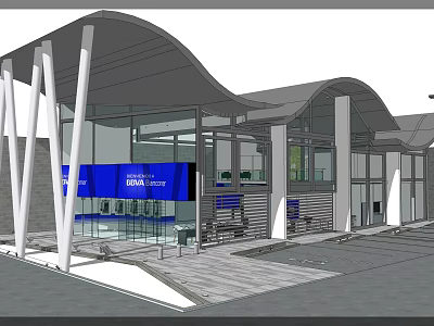 Modern Government Service Hall With Glass Facade White Pillars And Curved Roof 3d model