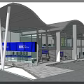 Modern Government Service Hall With Glass Facade White Pillars And Curved Roof