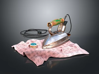 Vintage Electric Iron As Daily Use Appliance Placed On Decorative Fabric Cloth 3d model