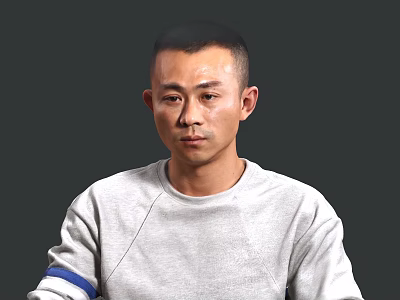 Man In Light Gray Sweatshirt With Blue Detail Against Dark Background 3d model